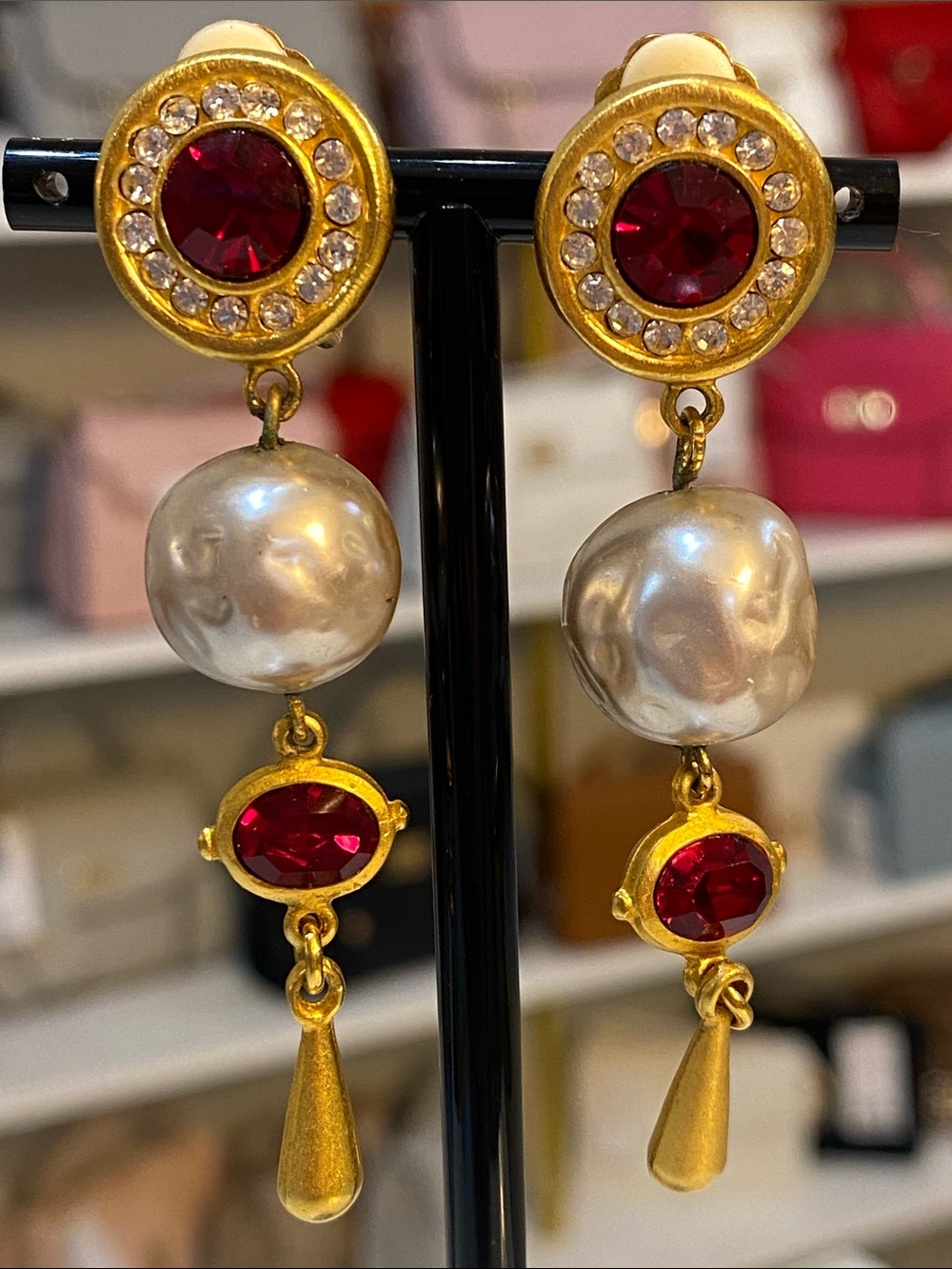 DUBIN NR Gold-Tone Pearl Drop Earrings with Red Crystal Accents
